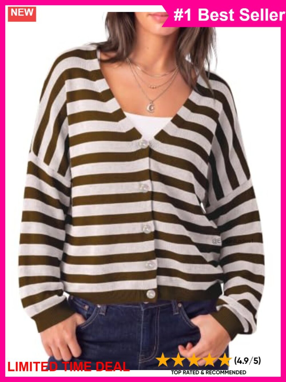 Striped V-Neck Button Down Cardigan Oversized Knit Sweater